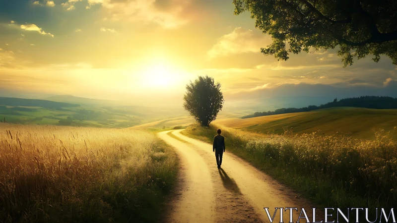 Sunlit rural path with solitary figure under glowing horizon.