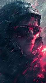 Hooded figure in neon rain with reflective optical shielding.