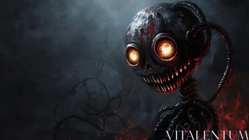 Mechanical skull figure with illuminated eyes is rendered
