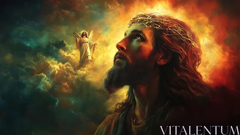 Dramatic digital portrait of crowned figure amid radiant clouds