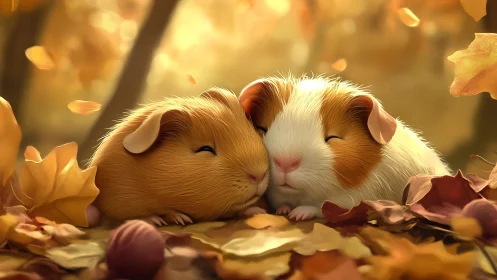 Two guinea pigs rest among autumn leaves in soft focus