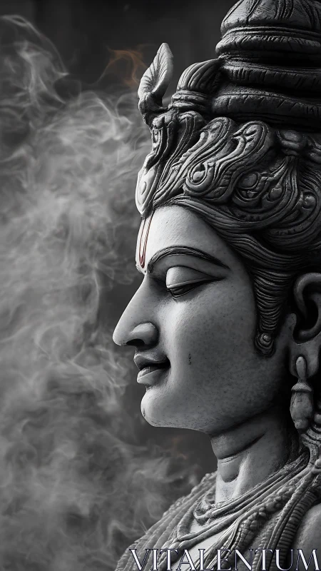 Monochrome sculptural profile with drifting ceremonial smoke.