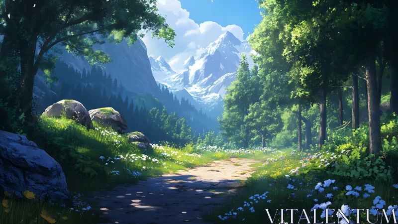 Alpine Valley Path Through Ancient Forest.