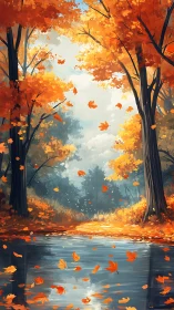 Golden autumn forest frames a reflective woodland stream.