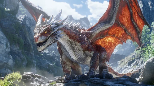 Sunlit mountain wyrm poised above a shattered stone pass.