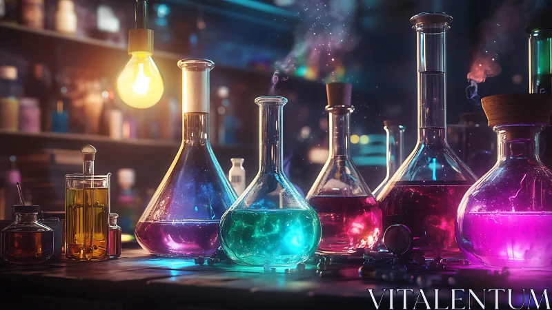 Glowing laboratory flasks shimmer with colorful chemistry magic.