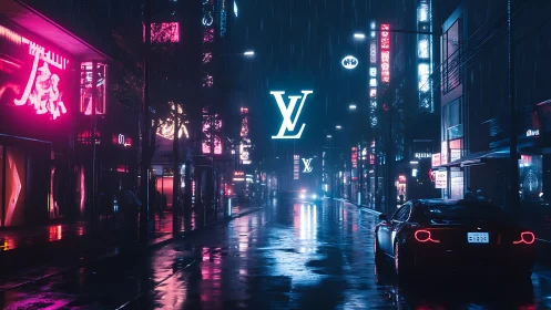 Neon-soaked luxury boulevard under midnight rainstorm glow