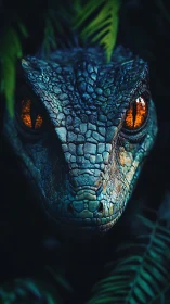 Bioluminescent raptor head close-up with amber slit pupils