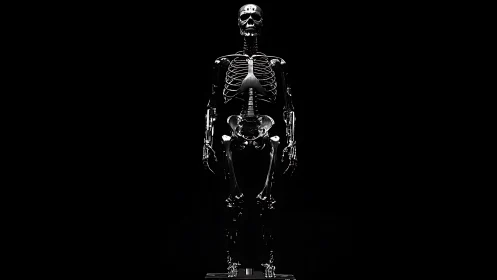 Metallic human skeleton model stands centered on black background