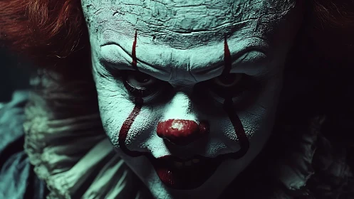 Sinister horror clown glares under harsh directional lighting