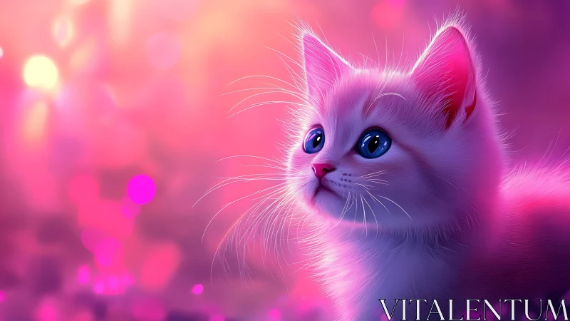 Luminous White Cat Portrait in Vibrant Magenta and Purple Bokeh.
