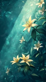 Luminous lilies catch teal forest light in vertical frame.