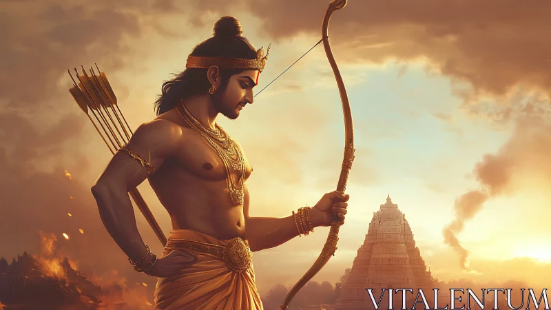 Divine archer warrior framed by temple at molten sunset.