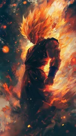 Fiery anime warrior silhouette in glowing orange aura.