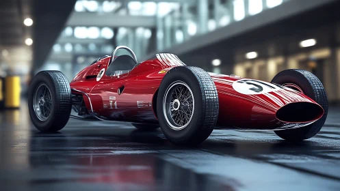 Red vintage Formula racing car in modern garage interior.