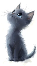 Fluffy Gray Cat Digital Portrait with Big Blue Eyes