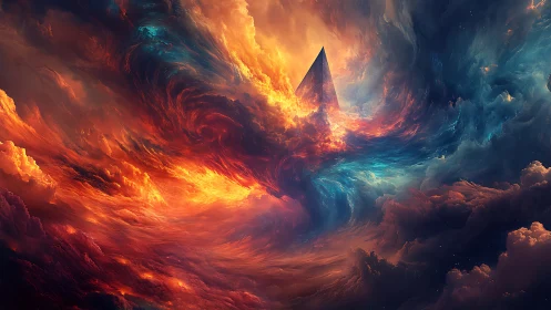 Geometric pyramid structure amid swirling colored clouds.