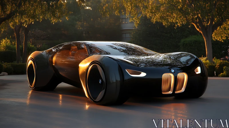 Futuristic black BMW concept car under golden hour light.
