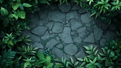 Stone path center framed by dense green tropical foliage