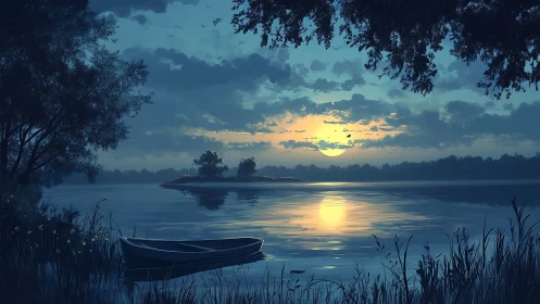 Moonrise canoe hush over twilight-silver lake water.