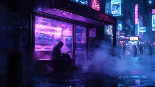 Rainy neon street with lone seated figure outside shop.