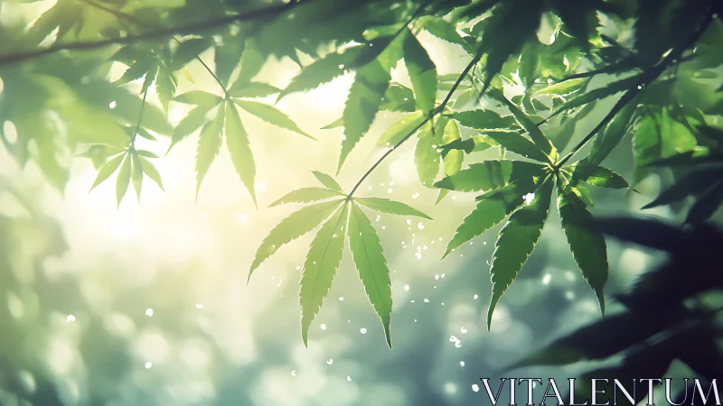 Sunlit maple leaves drift gently in a dreamy forest glow