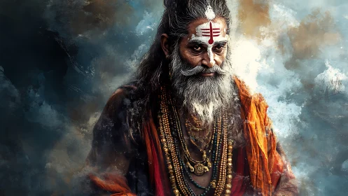 Mystic holy man in saffron robe amid stormy abstract sky.