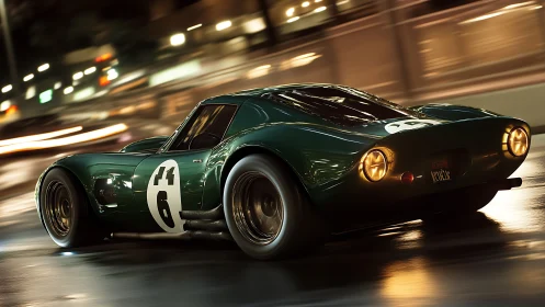 Vintage green race car powers through neon city night.