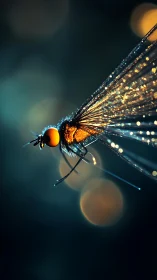 Luminous dragonfly hovers in moody teal and amber light