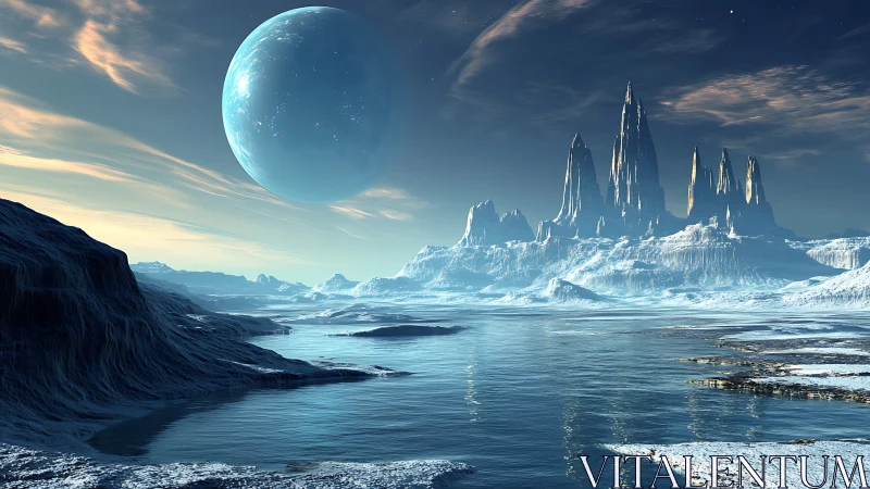 Frozen alien coastline reflects towering crystal citadel