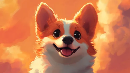 Smiling corgi portrait set against warm orange sky clouds.