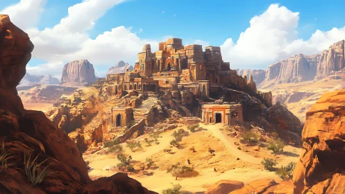 Sunlit desert citadel carved into ancient sandstone cliffs.