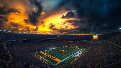 Storm-split sunset crowns a roaring college football cathedral