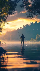 Solitary fly fisher stands in misty river at sunrise