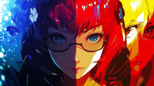 Split-spectrum anime portrait with triadic character layering.