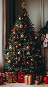 Decorated indoor Christmas tree stands with wrapped gifts