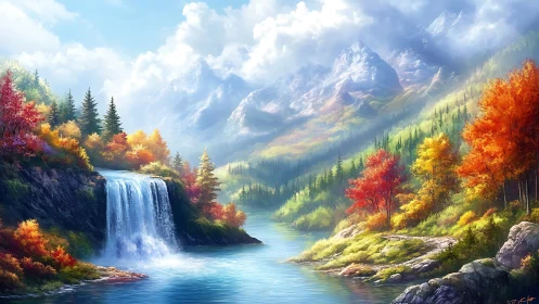 Autumn waterfall serenade beneath cloud-draped crystal peaks.