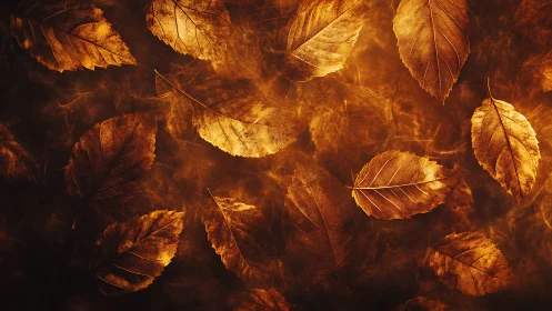 Dry autumn leaves in warm light on dark textured background.