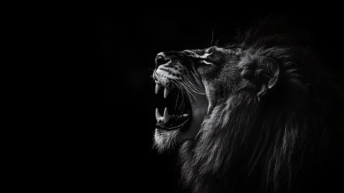 Lion profile roaring in high contrast black and white