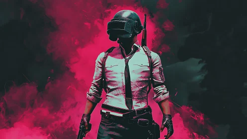 Helmeted combatant in white shirt amid dense red smoke.