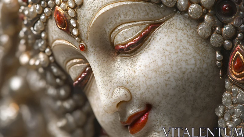 Photorealistic jeweled goddess sculpture close-up portrait study.