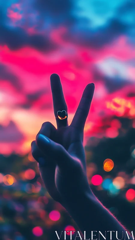 Peace Sign with Glowing Heart Ring in Neon Dreamscape.