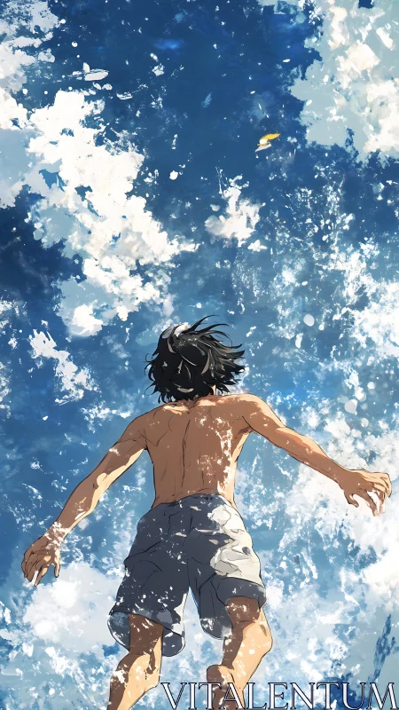 Sky-splashing boy dives upward into a painted summer ocean