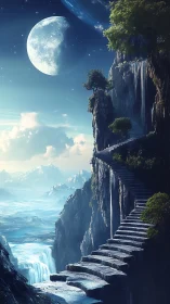 Lunar-illuminated cliff staircase over glacial waterfalls