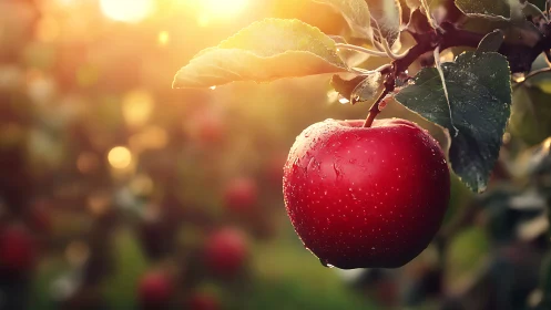 Macro study of dewy red apple under backlit orchard sun.