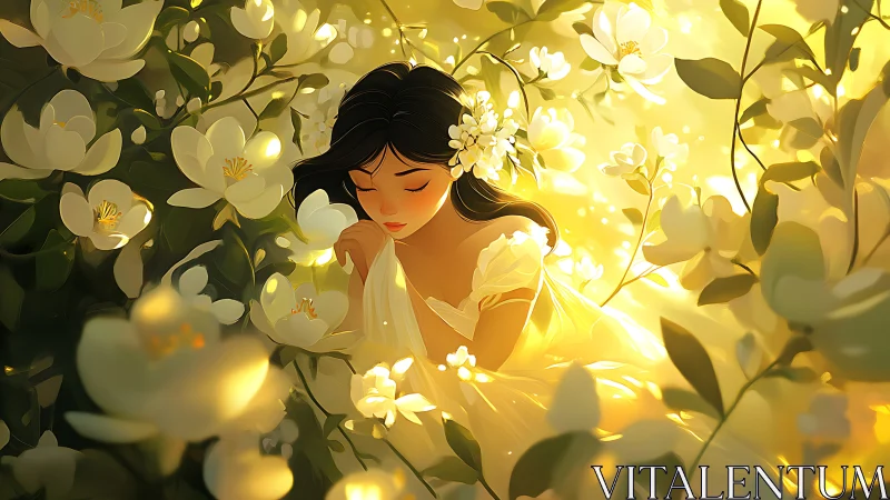 Young woman kneels in glowing flower garden with soft light