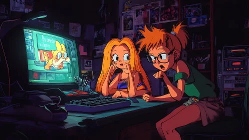 Curious friends share a late night at a glowing retro computer