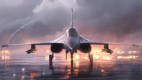 Stealth fighter jet stands poised on a rain-soaked runway.