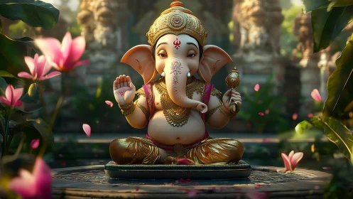 Divine Ganesha idol in ornate garden with golden ambient light.
