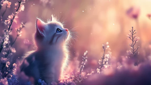 Dreamy Kitten Among Blossoming Flowers.